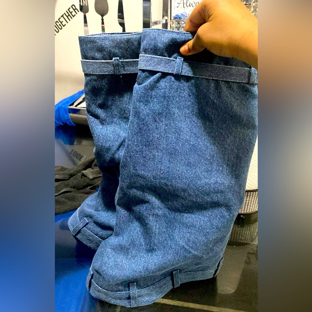 Blue denim wedge boots